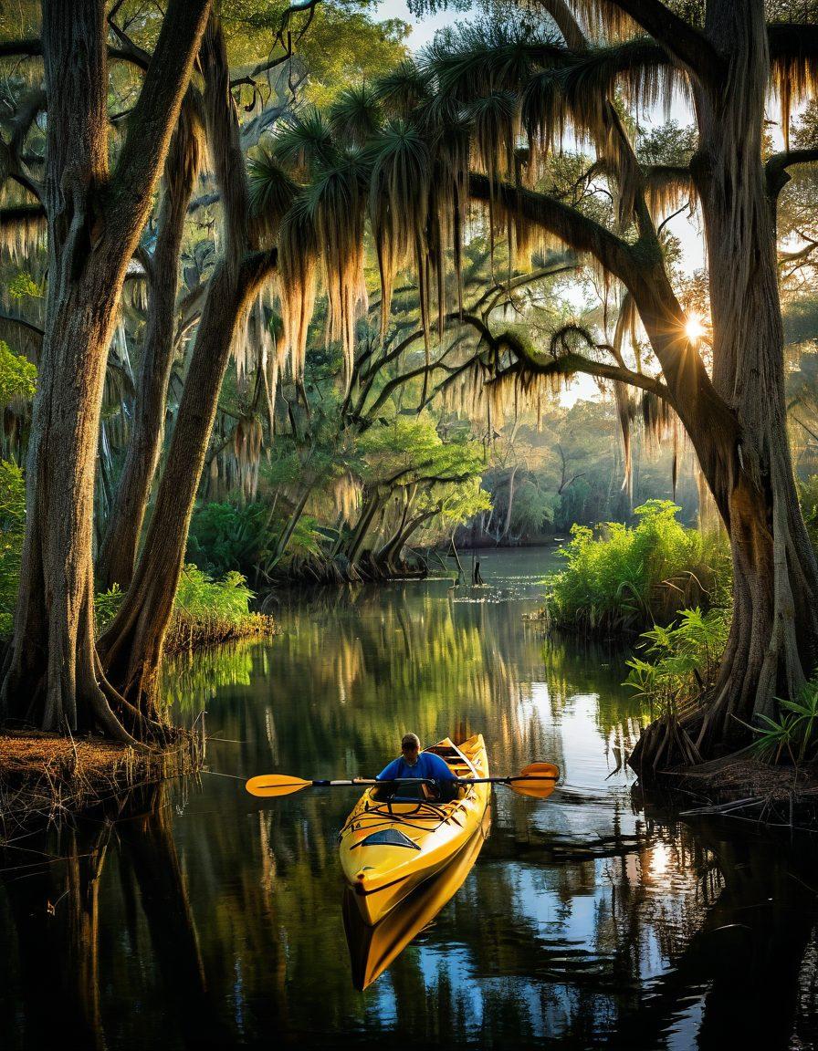 A vibrant scene showcasing a lush Florida swamp with alligators sunbathing and native wildlife. Include an adventurous couple in kayaks gliding through the emerald waters, surrounded by cypress trees dripping with Spanish moss. Set the sky ablaze with a stunning sunset casting warm golden hues. Capture the essence of a wild outdoor adventure in Florida. super-realistic. vibrant colors. nature-themed.