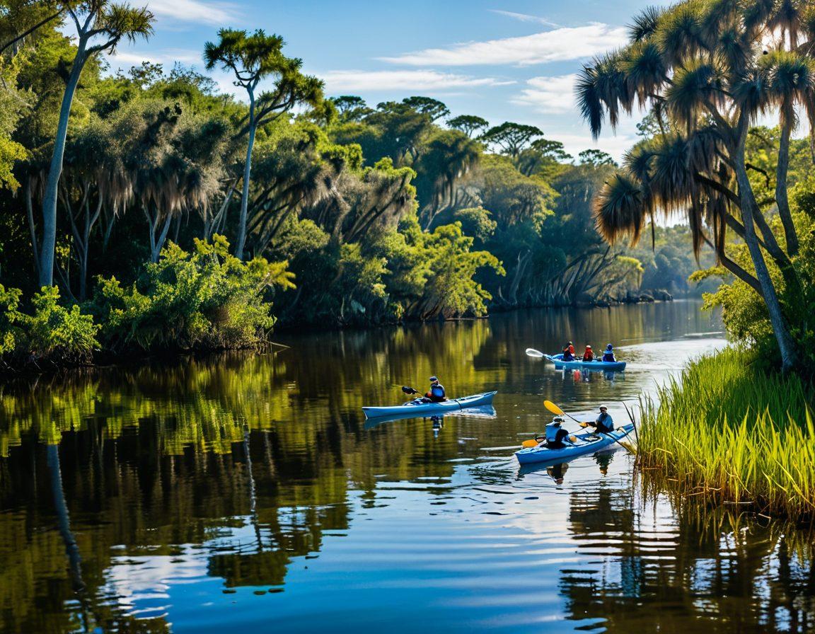 An enchanting Florida landscape featuring a transition from lush green swamps to sunny shores, showcasing a variety of outdoor activities like kayaking, fishing, and birdwatching. Incorporate vivid wildlife like alligators, colorful birds, and playful dolphins in the background. The image should radiate warmth and adventure, inviting viewers to explore Florida's natural beauty. vibrant colors. super-realistic.