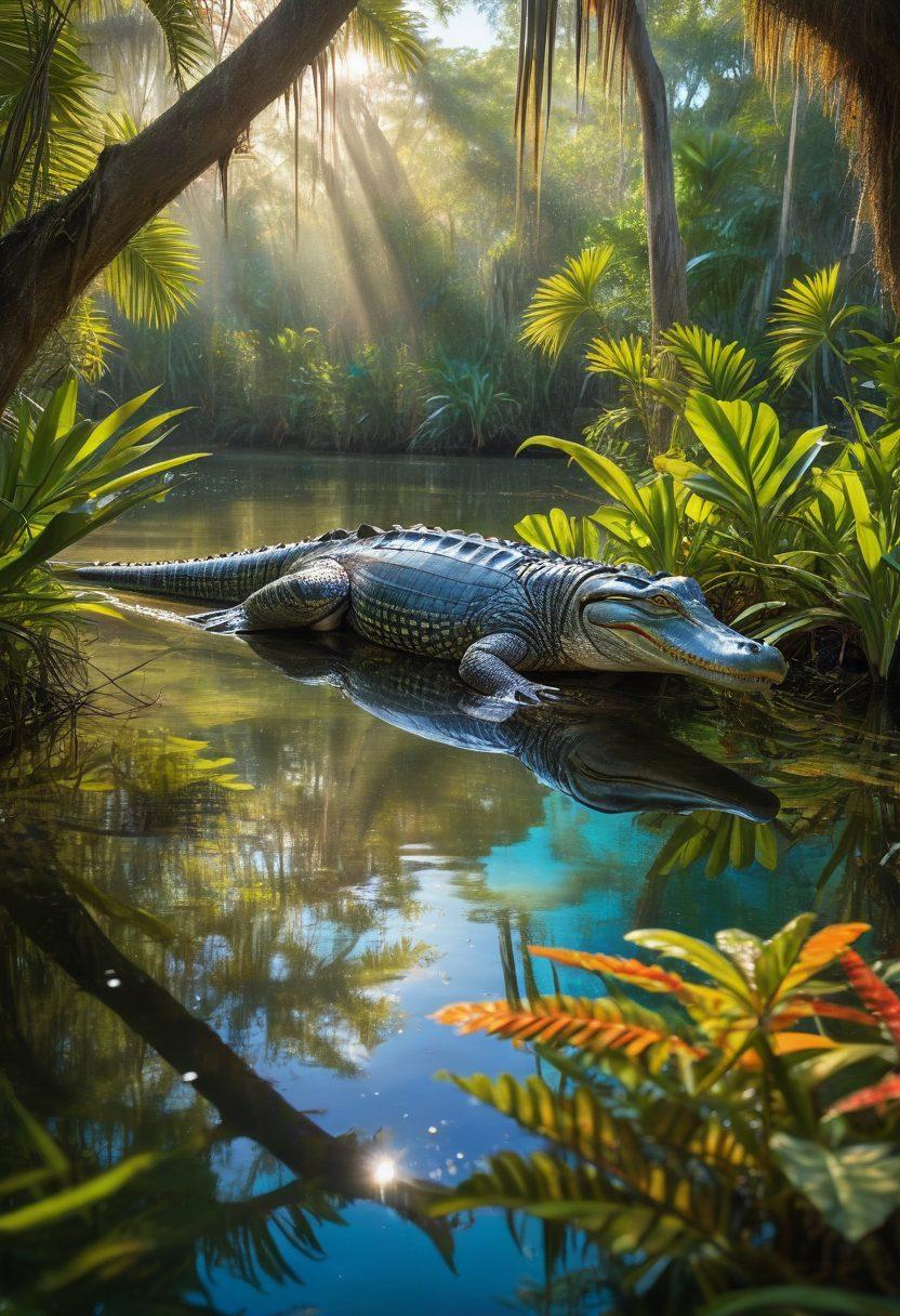A vibrant scene showcasing Florida's diverse wildlife and ecosystems, including a playful dolphin jumping out of crystal-clear turquoise waters, a colorful array of tropical birds perched on lush green trees, and a majestic alligator lounging by a serene swamp. Sunlight filters through the leaves, creating dappled shadows on the ground, adding an enchanting atmosphere to the setting. super-realistic. vibrant colors. detailed textures.